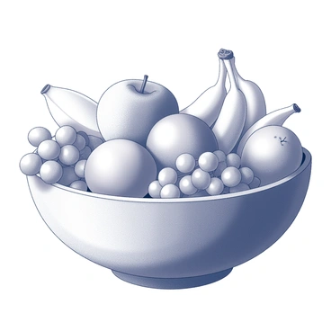 A wooden bowl filled to the brim with various fruits. The bowl has a smooth, polished surface, showcasing its natural wood grain. The fruits include apples, oranges, bananas, and grapes, each with distinct textures and shapes. The apples are round and shiny, while the bananas curve elegantly. The grapes cluster together, appearing juicy and plump. The scene conveys a sense of abundance and freshness, with fruits spilling slightly over the edges of the bowl.