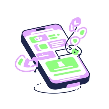 A smartphone is placed on a flat surface, showcasing a feedback app screen. The screen displays a vibrant interface filled with various icons, each representing different feedback options. The icons are connected by a looped line, symbolizing an interconnected feedback system. The smartphone is modern with a sleek design, and there is a slight reflection on the surface beneath it. The overall composition focuses on the clarity of the app interface and the visually engaging arrangement of the icons.