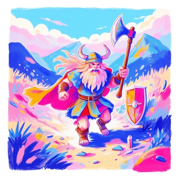 A Viking berserker is charging into battle with an "axe raised high." He is wearing a fur-lined tunic and a helmet adorned with horns. His long hair flows behind him as he runs, and a fierce expression is visible on his face. In the background, there are hints of a rugged landscape with mountains and a cloudy sky. The berserker's other hand is clenched into a fist, showcasing determination as he prepares for combat. There are also scattered shields and weapons on the ground, indicating a recent skirmish.