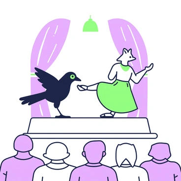 A stage scene depicts a crow and a fox performing as ballet dancers. The crow stands gracefully on one leg, wings poised elegantly as if in mid-pirouette. The fox is positioned nearby, showcasing a dramatic pose with one paw raised, its body slightly turned towards the crow in an attempt to impress. The stage is adorned with a simple backdrop, featuring soft lines to suggest curtains. The spotlight casts a gentle glow on the two dancers, highlighting their movements and expressions. The audience is represented by vague outlines and shapes seated in the foreground, captivated by the performance.