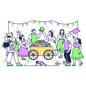 A vibrant square is filled with villagers celebrating a harvest festival. Groups of villagers are dancing joyfully, wearing traditional clothing. Some have floral headdresses, while others hold colorful banners. In the center, a large wooden cart is overflowing with various fruits and vegetables. String lights and garlands hang above, creating a festive atmosphere. Children are playing nearby, while a small band plays lively music in the corner. Colorful decorations adorn the square, contributing to the celebratory mood.