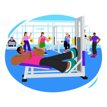A muscular person performing a leg press exercise on a sleek, modern leg press machine. The individual is wearing fitted workout clothes and has a focused expression on their face as they push the weight away with their legs. In the background, several other gym-goers are engaged in various workout activities, such as lifting weights and using cardio machines. The gym features a bright and spacious layout with large windows letting in natural light, showcasing a variety of exercise equipment around the room.