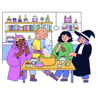 A cozy kitchen with warm lighting from several glowing candles. In the center of the room is a wooden table filled with various ingredients, including colorful herbs, jars, and a bubbling potion in a cauldron. Around the table, there are three witches with different outfits; one wears a purple cloak, another in a green dress, and the third in a black robe. They are smiling and focused on the potion, mixing it with a wooden spoon. The walls of the kitchen are adorned with shelves filled with mystical books and more potion ingredients.