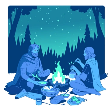 A blue hero wearing a rugged cloak is sitting on a log near a glowing campfire. The fire illuminates the faces of the hero's companions, who are gathered around, enjoying a meal of roasted skewers and bread. One companion is holding a bowl of soup, while another is pouring water from a canteen into a cup. Above them, a dark teal sky is filled with numerous bright stars, twinkling in the vastness of the night. The warm glow from the fire contrasts with the coolness of the surrounding woods, creating a cozy atmosphere.