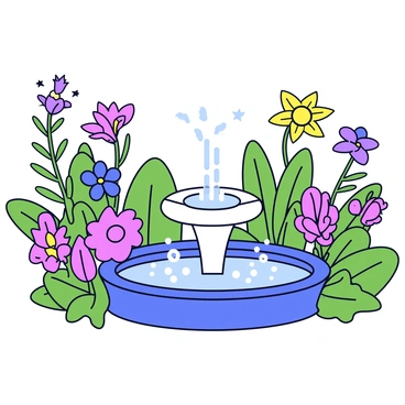 A magical garden filled with a variety of exotic plants and vibrant flowers in various colors. The flowers have unique shapes and patterns, adding to the enchanting atmosphere. In the center of the garden, there is a whimsical fountain with a playful design, featuring cascading water that sparkles in the sunlight. Surrounding the fountain are lush green leaves that complement the colorful blooms.