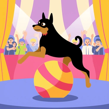 A Rottweiler with a shiny black and tan coat is expertly balancing on a large red and yellow striped ball in the center of a circus ring. The ring is surrounded by bright colorful curtains, and the ground is covered in vibrant blue sawdust. The Rottweiler has a focused expression, with its ears perked up and its tail held high. In the background, a cheering crowd can be seen, with people clapping and smiling, adding to the lively atmosphere of the circus. Bright spotlights illuminate the scene, highlighting the impressive performance of the dog.