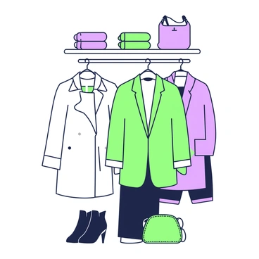 A CAD depiction of a capsule wardrobe featuring essential clothing items is illustrated. In the center, there is a neatly arranged selection of garments including a tailored blazer, a crisp white shirt, and a pair of dark jeans. To the left, a pair of classic black ankle boots is placed beside a simple crossbody bag. In the foreground, a lightweight trench coat is draped over a minimalist clothing rack. Behind these items, a shelf displays neatly folded sweaters in neutral tones. The overall composition emphasizes organization and simplicity in the design of the wardrobe.