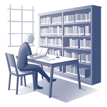 A faceless student studying at a large wooden table in a quiet library filled with books.