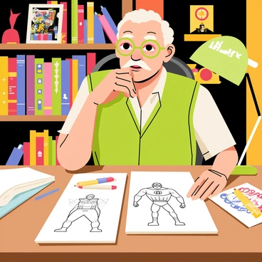 Stan Lee is sitting at a wooden desk, focused on a notepad where he is sketching a superhero character. He has a thoughtful expression on his face, with one hand resting on his chin. The notepad features a rough outline of a muscular superhero with a cape and a mask. Pencils and markers are scattered around the desk, alongside comic book illustrations. The background includes a bookshelf filled with comic books and memorabilia. A small desk lamp casts a warm glow over the scene, highlighting Stan Lee's creative process.