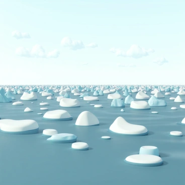 A vast field of icebergs, each with unique shapes and sizes, floating on the surface of a cold ocean. The icebergs are white and blue, reflecting light in various shades as they drift. The ocean water is a deep blue, with gentle waves creating a subtle texture on the surface. The sky above is clear with a few scattered clouds, contrasting with the icy landscape below. The scene showcases the stark beauty of nature in a remote, untouched environment.