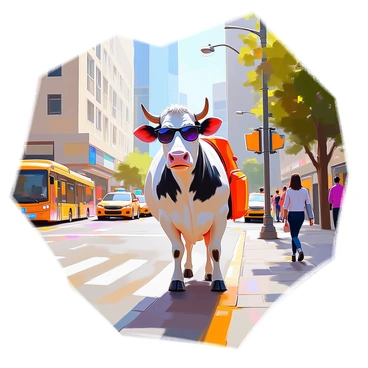 A cow with a black and white spotted coat is wearing dark sunglasses and a colorful backpack, standing confidently at a bustling city street corner. The scene captures the essence of urban life, with tall buildings in the background and a variety of pedestrians walking by. The cow is positioned on the sidewalk, facing the street, while cars and buses pass in front of it. Bright city lights illuminate the surroundings, and a few trees can be seen nearby, adding a touch of nature to the urban environment.
