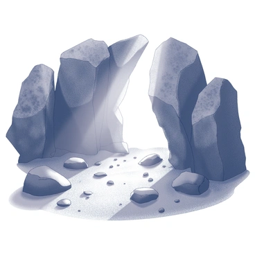 A cave opening set against a rugged landscape. The entrance is framed by jagged rock formations, with sunlight streaming through the gap. Inside the cave, the rocky walls are illuminated, revealing various textures and shadows cast by the light. The ground is uneven and scattered with small stones, leading deeper into the cave. The atmosphere appears still and quiet, with the sunlight creating a stark contrast against the dark interior of the cave.