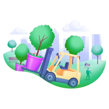 A modern pastel illustration depicting a forklift with a bright yellow color. The forklift is gently lowering large potted trees into soft green grass in a city park. Surrounding the forklift are several large, vibrant potted trees featuring lush green foliage and colorful flowers. In the background, there are park benches and walking paths lined with smaller trees. The sky is a soft blue, with a few fluffy white clouds. People can be seen in the distance, enjoying the park ambiance.
