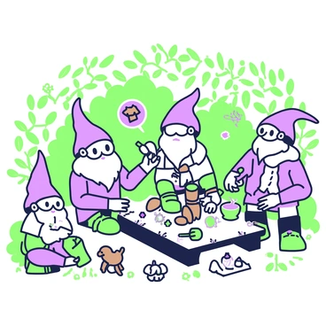 A group of gnomes is gathered in a hidden part of the forest, surrounded by dense foliage and towering trees. They are engaged in various tiny projects, showcasing their craftsmanship. One gnome is carefully carving a small wooden figurine, while another is painting it with delicate strokes. A third gnome is mixing colorful powders in a small bowl, adding a sprinkle of magic to his concoction. Nearby, a gnome is assembling a tiny structure made of acorns and twigs, using leaves as decoration. The atmosphere is lively with the gnomes communicating and sharing tools, while small woodland creatures curiously observe their activities from a distance.