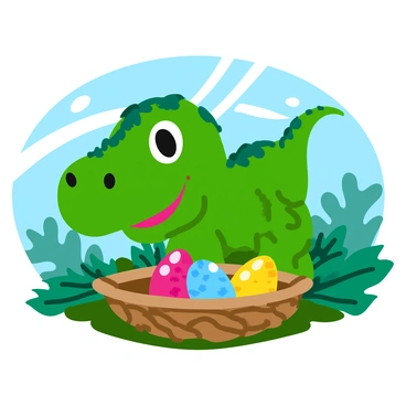 A green T-Rex with textured skin is curiously inspecting a nest of dinosaur eggs. The nest is made of woven twigs and leaves, positioned on the ground amidst ferns. The eggs are a variety of bright colors, including blue, pink, and yellow, each with unique speckles and patterns. The T-Rex has wide eyes and a slightly open mouth, conveying curiosity. Sunlight filters through the leaves above, casting gentle shadows around the scene.
