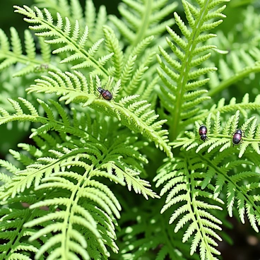 A close-up view of lush green ferns, their delicate fronds displaying intricate patterns of leaves. Tiny insects, in various colors, are crawling over the leaves, highlighting the diversity of life. The ferns are densely packed, creating a rich tapestry of textures and shades of green. Sunlight filters through the leaves, casting soft shadows and enhancing the details of both the ferns and the insects.