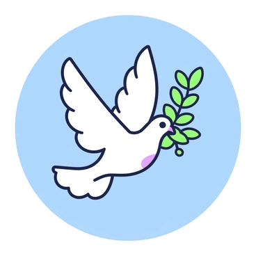 A dove is flying gracefully across a clear sky. The dove has elegant wings outstretched, showcasing its feathers. In its beak, it holds an olive branch with several leaves extending outwards. The background features a vast expanse of blue, with no other elements obstructing the view. The dove is positioned prominently in the center of the image, creating a sense of movement and intention.