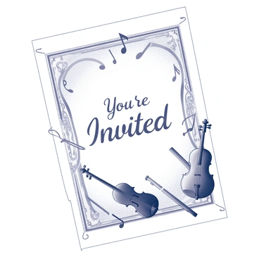 A wedding card featuring elegant, cursive text that reads "You're Invited" prominently in the center. The surrounding area is adorned with flowing musical notes that swirl gracefully around the text. Various musical instruments, including a violin, trumpet, and flute, are incorporated into the design, with their shapes and details clearly outlined. The card has a decorative border that enhances its overall appearance while maintaining a harmonious layout.