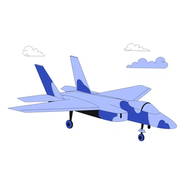 An F35 jet is positioned on an airfield, showcasing its sleek design and advanced features. The aircraft has a distinct camouflage pattern covering its fuselage, blending with the surrounding environment. The jet's wings are angled slightly back, while its cockpit is visible, highlighting the glass canopy. Below, the landing gear is tucked away, and in the background, there are scattered clouds in the sky.