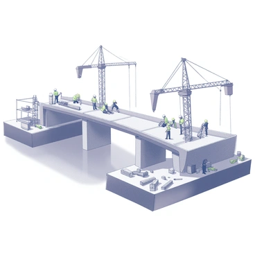 Two distinct communities are engaged in the construction of a bridge that connects them. On one side, a group of individuals is working with wooden beams and scaffolding, while wearing hard hats and bright safety vests. On the opposite side, another group is assembling steel structures and utilizing cranes to lift materials into place. The bridge stretches over a river, with both communities visible at either end, showcasing their efforts in teamwork and cooperation. Various tools and construction equipment are scattered around the work sites, emphasizing the industrious atmosphere.