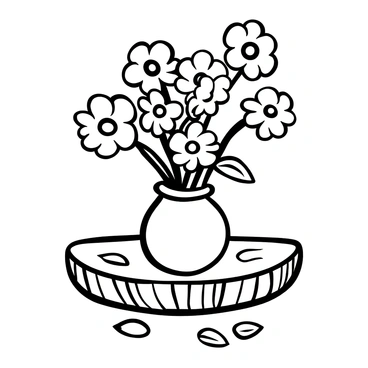 A rustic vase made of clay is filled with vibrant calendula flowers, their petals fully open. The vase is placed on a weathered wooden table with visible grain patterns. Several petals from the flowers lie scattered around the base of the vase, adding to the composition. The background is subtly blurred to emphasize the vase and the flowers, while the table's texture contrasts with the smooth surface of the vase.