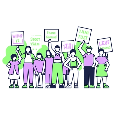 A peaceful protest is taking place in an urban setting. Groups of individuals are gathered, each person holding a sign with varied messages that are clearly visible. Some signs are rectangular, while others are square, showcasing different designs. The individuals are dressed in casual clothing, creating a diverse array of styles. The expressions on their faces convey determination and solidarity. In the background, a few trees can be seen, framing the scene. The atmosphere is filled with a sense of unity as people stand together, raising their signs high in support of their cause.