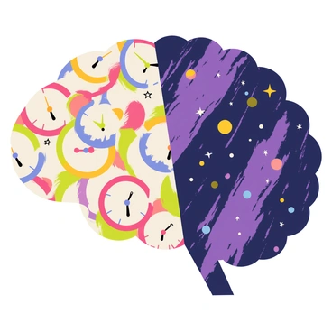 A brain where one half shows clocks and the other a vast galaxy