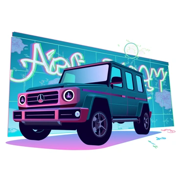 A sleek G-Wagon with a metallic black finish is parked next to a wall that is covered in vibrant street art. The wall features a dynamic mural with bold colors, including deep blues, bright greens, and eye-catching yellows. The artwork includes abstract shapes, graffiti-style lettering, and stylized characters that seem to leap off the wall. Sunlight creates reflections on the G-Wagon's surface, highlighting its contours and design. The ground is lined with scattered graffiti tags, adding to the urban atmosphere.