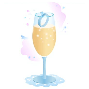 An engagement ring hanging on the edge of a champagne glass during a celebration