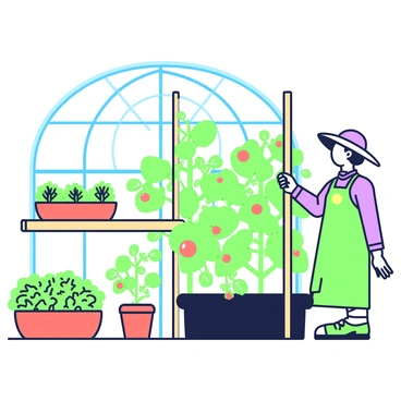 Inside a greenhouse, a gardener is carefully staking various plants to assist their growth. The gardener is wearing a green apron and a sun hat, and they are positioned next to a row of tall tomato plants that are being secured with bamboo stakes. Lush green leaves are visible, with some plants showing small yellow flowers. Nearby, there are pots of herbs such as basil and rosemary, all neatly arranged on wooden shelves. Sunlight streams through the transparent panels of the greenhouse, illuminating the vibrant green foliage and creating a lively atmosphere.