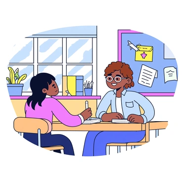 A teacher with glasses and short brown hair is sitting at a wooden desk, leaning slightly over a stack of books. The teacher is wearing a light blue shirt and is smiling kindly at a student. The student, a young girl with long black hair, is sitting across from the teacher, looking attentive while holding a pencil. The classroom has colorful posters on the walls, a chalkboard filled with notes, and a window with sunlight streaming in, creating a warm and inviting atmosphere. There are wooden chairs and a few plants on the windowsill.