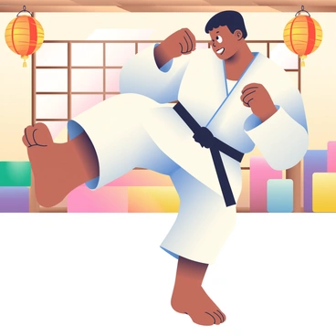 A karate athlete with medium skin and short black hair is executing a powerful kick in a dojo. The athlete is wearing a white karate gi with a black belt, and their expression is focused and determined. The dojo has wooden flooring and traditional paper lanterns hanging from the ceiling. In the background, there are various martial arts equipment, including punching bags and mats. The athlete's foot is extended outward, and their arms are positioned for balance, showcasing their strength and skill.