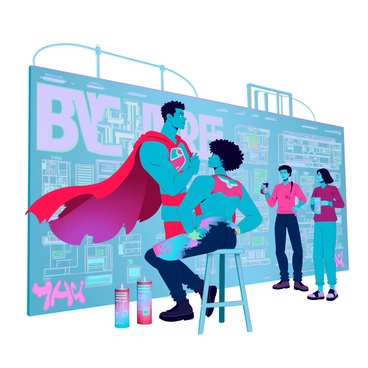 A street artist with medium brown skin and curly hair is sitting on a stool in front of a large wall. The artist is wearing a paint-splattered apron and holding a spray paint can. The artist is in the process of painting a vibrant mural depicting a beloved superhero with a defined muscular build, wearing a bright costume in primary colors. The superhero is striking a dynamic pose, with their cape billowing behind them. Surrounding the mural is a lively urban environment with graffiti-covered buildings and bystanders admiring the artwork. The scene is filled with splashes of color and various spray paint cans scattered on the ground.