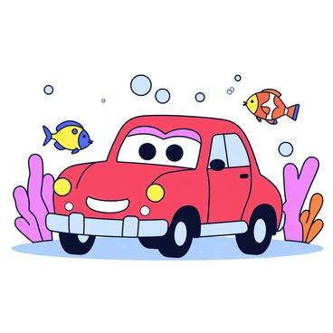 A 3D cartoon car with rounded edges and a bright red color is positioned on the ocean floor. The car has large, expressive eyes on the windshield and friendly smile on the front. Surrounding the car are various colorful fish swimming by, including a yellow fish with blue spots and an orange clownfish. Vibrant coral formations in shades of pink, purple, and orange are scattered around the scene. Bubbles rise from the car's exhaust, creating a sense of movement in the underwater environment.
