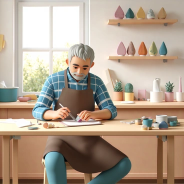 An artisan, a middle-aged man with a beard, is sitting at a wooden workbench in a brightly lit workshop filled with natural sunlight. He is wearing a brown apron over a blue plaid shirt and denim jeans. The workbench is cluttered with various tools, including a small saw, sandpaper, and containers filled with different materials for crafting guitar picks. The artisan is focused on shaping a guitar pick made of colorful resin, holding it carefully in one hand while using a file in the other. In the background, shelves are lined with completed picks made of wood, plastic, and stone, and a window shows a view of a sunny garden outside.