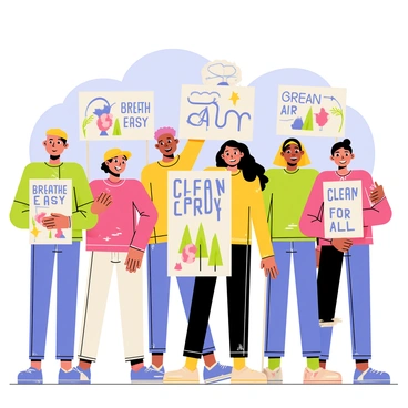 A diverse group of people standing together, each holding colorful protest signs advocating for cleaner air. The individuals are of various ages and ethnic backgrounds, showcasing a wide range of appearances. Some signs feature bold letters with messages like "Breathe Easy" and "Clean Air for All," decorated with vibrant illustrations of trees and clear skies. The expressions on their faces reflect determination and hope. In the background, a bright blue sky can be seen, enhancing the vibrant atmosphere of the demonstration.