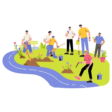 A group of volunteers planting native plants along a restored riverbank. The volunteers are dressed in colorful t-shirts and carrying gardening tools such as shovels and trowels. The riverbank is lush with greenery, featuring various native plants with vibrant leaves and flowers. The river flows gently beside them, reflecting the blue sky above. A few volunteers are kneeling in the soil, while others are standing and discussing the planting process. Nearby, a small sign reads "Restoration in Progress," indicating the purpose of their work.