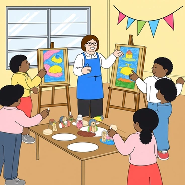 A teacher with short brown hair and glasses is arranging an art show in a bright classroom. She is wearing a blue apron over a white blouse and black pants. Around the room, there are vibrant paintings displayed on easels, showcasing a variety of colors and styles. On the walls, colorful banners are hanging, adding an extra touch to the atmosphere. Several small sculptures made from clay and mixed materials are placed on tables, each uniquely designed and painted. The students, a diverse group of children, are excitedly pointing at their artwork, some helping to hang pieces up, while others admire their contributions. Sunlight streams through the windows, illuminating the joyful scene.