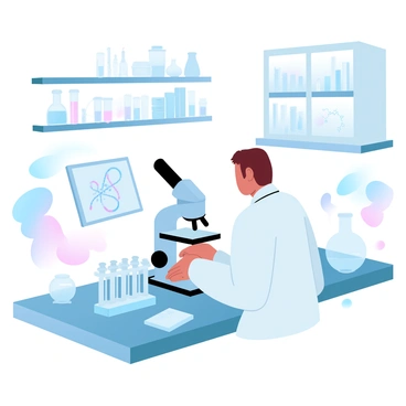A scientist in a white lab coat is examining an "mRNA strand" under a "microscope" on a sleek laboratory table. The scientist has short hair and is focused on the intricate details of the "mRNA strand" displayed on the microscope stage. Surrounding the scientist are various laboratory equipment including test tubes on a rack, a digital screen displaying molecular structures, and a pipette. The laboratory features smooth, modern cabinets and shelves filled with scientific books and equipment, creating a clean, organized environment. Bright, gradient pastel colors fill the scene, enhancing the visual appeal of the laboratory setting.