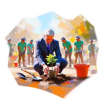A prime minister with short brown hair, dressed in a tailored dark blue suit, is actively participating in a charity event focused on environmental conservation. He is kneeling on the ground, planting a young sapling in freshly turned soil. Beside him, there are several small shovels, gardening tools, and a few potted trees ready for planting. In the background, a group of diverse volunteers, wearing matching green t-shirts, are working together to plant more trees. The atmosphere is filled with a sense of community and purpose as they strive to make a positive impact on the environment. The sun is shining, casting a warm light over the scene.