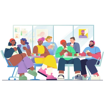 A reception area of an illustration agency is bustling with activity. Several clients with diverse appearances are engaged in conversations with artists, sharing ideas and discussing projects. The clients are dressed in casual yet stylish clothing, with one woman wearing a bright yellow dress and another man in a blue shirt. The artists boast colorful hairstyles and unique accessories, including a woman with purple hair wearing round glasses and a man with a beanie. 

Tables are set with an assortment of refreshments, including small appetizers and drinks in colorful cups. Some clients are holding plates with snacks, while others are sipping beverages. The space is bright and inviting, with large windows allowing natural light to fill the room. The walls are adorned with framed illustrations showcasing the agency's work, adding a creative atmosphere to the scene.