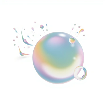 A large soap bubble, glistening with a spectrum of colors, is positioned in the center of the image. The bubble is on the verge of bursting, with visible tension in its surface. Tiny droplets of liquid are forming at the edges of the bubble, capturing light and reflecting vibrant hues. A few droplets are already breaking away from the main bubble, flying outward in an arc. The background is softly blurred to emphasize the bubble and the droplets. The scene is lively, with a sense of motion as the bubble dramatically transitions into droplets.