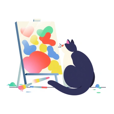 A black and white cat is sitting on the floor next to a large canvas. The canvas has an abstract painting with vibrant splashes of red, blue, yellow, and green, creating a lively scene. Several paintbrushes are scattered around the cat, with some tipped over, and their bristles stained with paint. The floor is covered with small drips and splatters of paint, showcasing a creative atmosphere. The cat is looking curiously at the canvas, with its tail curled around its body.
