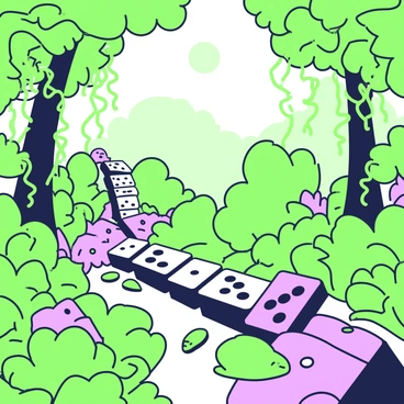 A line of dominoes is arranged in a winding pattern through a dense rainforest. Each domino features intricate designs and details. The dominoes are positioned on the forest floor, surrounded by lush greenery, with large leaves and vivid foliage framing the scene. As the first domino tips over, it creates a chain reaction leading to the next. Sunlight filters through the thick canopy above, illuminating the path of falling dominoes. In the background, tall trees rise, and vines hang down, adding to the richness of the rainforest environment.