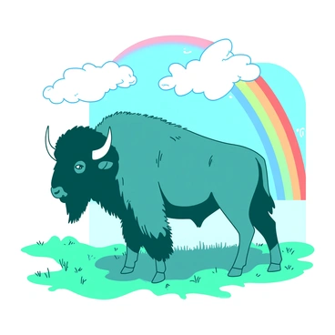 A teal bison stands majestically on a grassy field. The bison has a thick, shaggy coat and large curved horns. Behind the bison, there is a vibrant rainbow arching across the sky, creating a striking contrast against the backdrop. The sky is clear with a few fluffy clouds, enhancing the scenery. The bison is looking towards the rainbow, adding a sense of wonder to the scene.