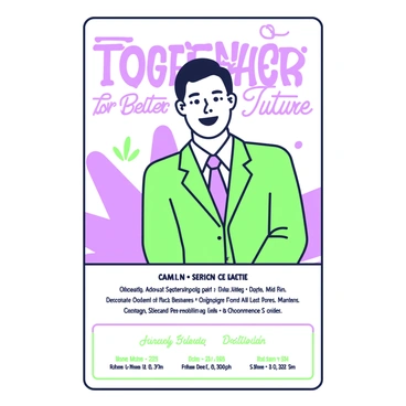 A campaign poster features a smiling politician standing confidently at the center. The politician is wearing a fitted suit with a crisp shirt and a tie, exuding professionalism. The background includes stylized, abstract shapes that draw attention to the figure. Above the politician, in bold letters, is the slogan "Together for a Better Future," prominently displayed in a contrasting color. At the bottom, there are details for campaign events, such as dates and locations, arranged neatly in smaller text.