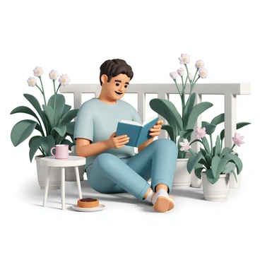 A person, wearing a light blue shirt and comfortable jeans, sits on a balcony adorned with potted plants and flowers. They have a steaming cup of tea in one hand and an open book resting on their lap. The balcony is surrounded by green foliage, creating a private, cozy atmosphere. The sun is shining gently, casting soft shadows as the person smiles contentedly while reading. A small table beside them holds a plate with a scone and a jar of jam, adding to the serene tea experience.