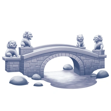 A stone bridge arches gracefully over a tranquil stream. On one end of the bridge, there is a foo dog statue, intricately detailed with ornate carvings and a fierce expression. At the opposite end of the bridge, a second foo dog statue mirrors the first, standing alert with its mouth slightly open. The stream below flows gently, and the surface of the water reflects the surrounding foliage. The bridge is constructed of large, weathered stones, which add to the overall harmony of the scene.