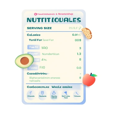 A nutrition label design is displayed prominently in the center of the image. The label has clear, defined sections with bold headers outlining the categories such as "Serving Size," "Calories," "Total Fat," and "Nutrients." Each section has a contrasting background for easy readability. Small food illustrations accompany each category, including a slice of avocado near "Total Fat," a vibrant apple next to "Calories," and a small piece of whole grain bread by "Carbohydrates." The overall layout is organized, ensuring that each element is visually distinct and easy to understand.