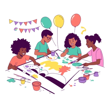 A group of diverse children is gathered around a large table covered in colorful paints and brushes. One child, with curly hair, is applying bright yellow paint to a canvas, while another child, wearing glasses, is intently mixing a teal color on a palette. A third child, with a braid, is smiling as she splashes orange paint onto her paper. Brushes are scattered around, and a few paint pots are tipped over, creating puddles of color on the table. In the background, there are balloons and streamers, indicating a festive atmosphere for the free art workshop.